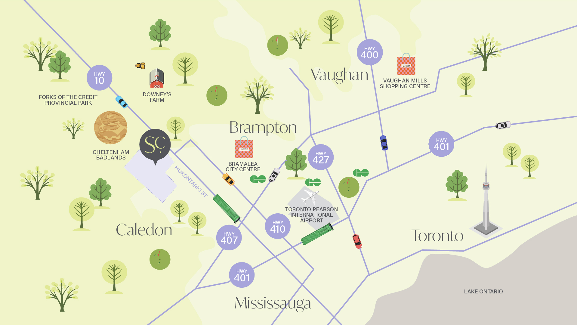 Crown of Caledon location map showing proximity to highways and major GTA cities